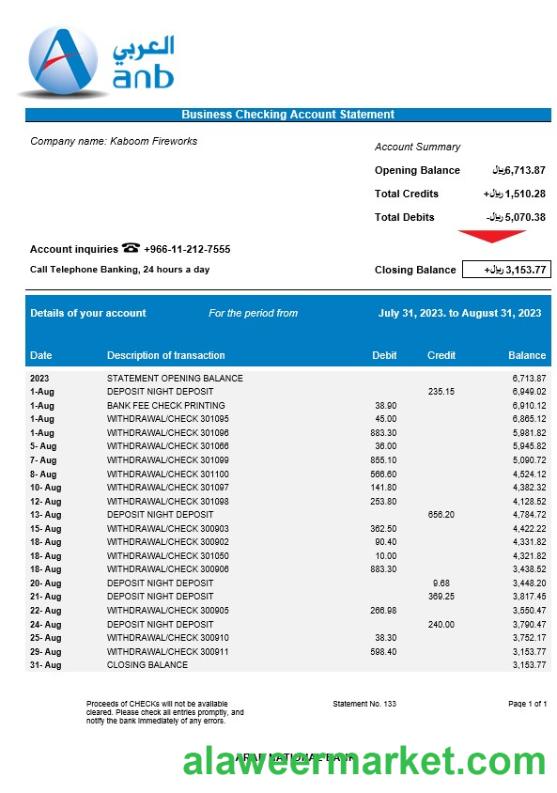 Arab National Bank company checking account statement Word and PDF template